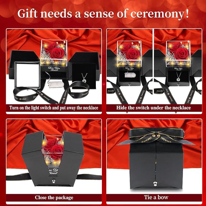 2 Preserved Real Rose with Heart I Love You Necklace- Eternal Rose Birthday Gifts for Women Wife Girlfriend Her Mom Grandma on Festivals Gifts Christmas Valentines Mothers Day Anniversary-Red White