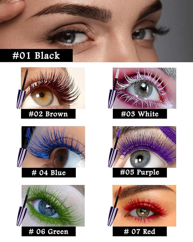 5D White Red Mascara for Eyelashes, Longlasting Waterproof Colored Volumizing Mascara Volume and Length,Curling Fiber rimel de pestañas,Eye Makeup Gift for Women Girl Cosplay Party Stage Use