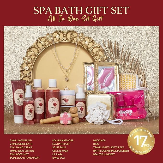 21Pcs Bath and Body Gift Basket Set for Women Christmas Gifts- Rose Vanilla XL Spa Gift Basket for Women Gifts｜ Bath Gift Set Home Bath Spa Self Care Kit - Thank You, Birthday Spa Gift Baskets