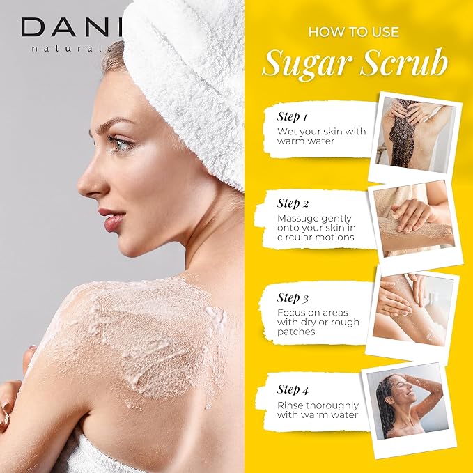 DANI Naturals Exfoliating Sugar Scrub - Warm Sandalwood Vanilla, featuring organic cane sugar and shea butter, gently exfoliates and deeply nourishes for smooth, radiant, and hydrated skin – 14 oz