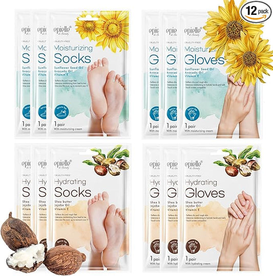 Epielle Hydrating & Moisturizing Hand & Foot Masks 12 Pairs, Relieve and Soften Dry Hands & Cracked Heels with Shea Butter & Sunflower Seed Oil, Korean Skin Care, Spa Set, Self Care Gifts for Women