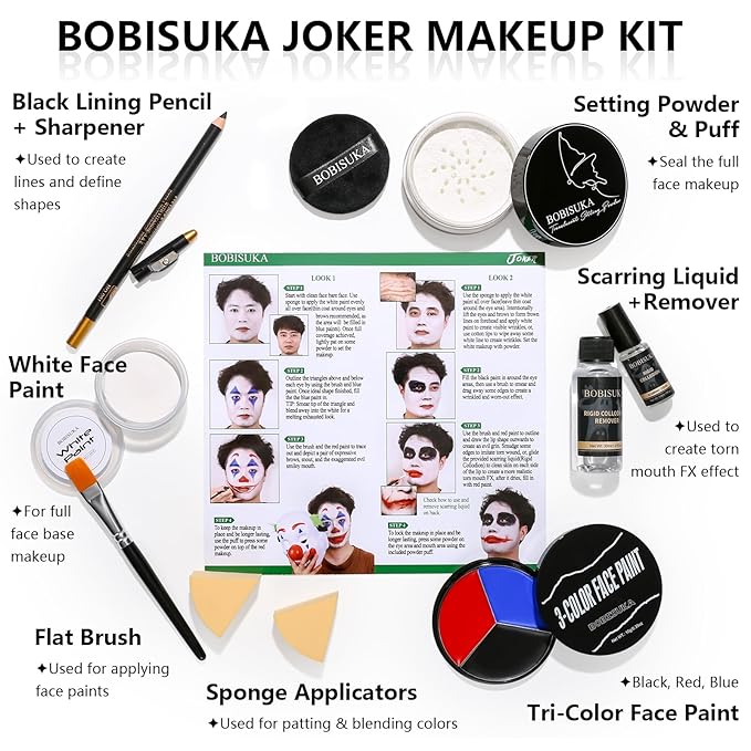 Halloween Joker/Clown Makeup, Complete Joker/Clown Makeup Kit Face Paint SFX Character Set, Professional Joker Make Up Kits for Art Costume, Dress-Up Party, Cosplay, Stage & Film