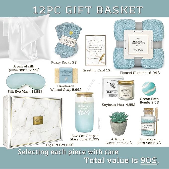 Get Well Soon Gift Baskets For Women,12PC Get Well Gifts for Women After Surgery,Birthday,Care Package,Grief,Sympathy Gifts,Condolences Gift Basket (cerulean)