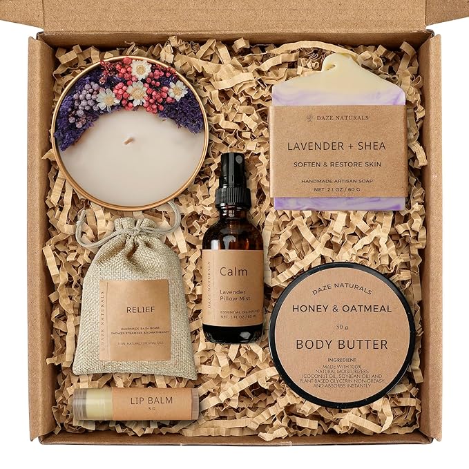 Bath Gift Set, Spa Gifts for Women, Self Care Products for Women, Lavender & Cream Soap Bar, Calm Pillow Mist, Bath Bomb & Shower Steamer, Body Butter and Lip Balm