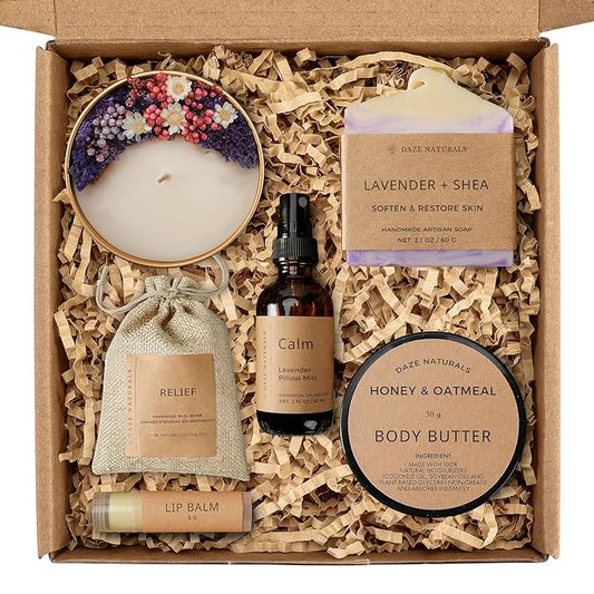 Bath Gift Set, Spa Gifts for Women, Self Care Products for Women, Lavender & Cream Soap Bar, Calm Pillow Mist, Bath Bomb & Shower Steamer, Body Butter and Lip Balm