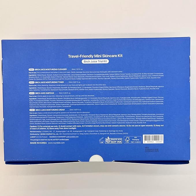 ROUND LAB Birch Juice Moisturizing Mini Kit, 4-Step Travel Size Skincare Set (Cleanser, Toner, Ampoule, Cream) | Korean Moisturizer, Hydrating Routine | Soothing Care for Acne-Prone, Sensitive Skin