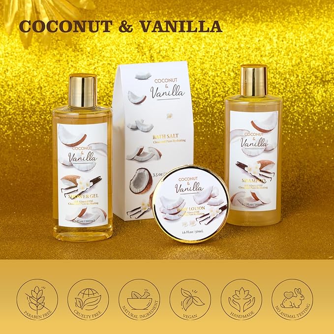 Christmas Gifts for Women and Men - 8-Piece Luxury Coconut Vanilla Bath & Body Gift Set for Women Self Care Kit Spa Gift Baskets | Perfect Gifts for Mom, Birthday Gifts, All Occasion Holiday Present