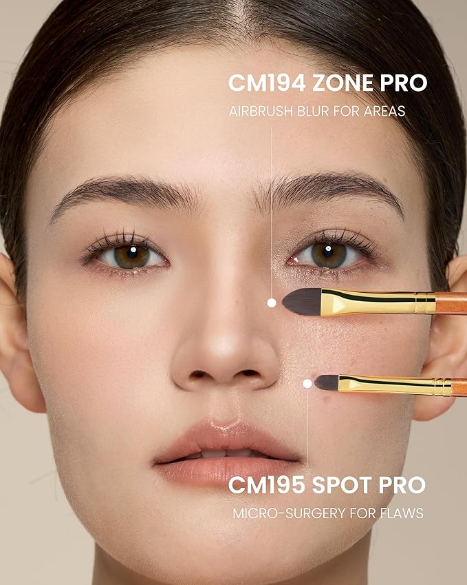 Desert Oak Series Pro Concealer Duo - Wide Teardrop & Micro Detail Brush Set for Under Eyes, Acne Scars & Redness, Bubinga Wood Handles (CM 194 & 195 Kit)