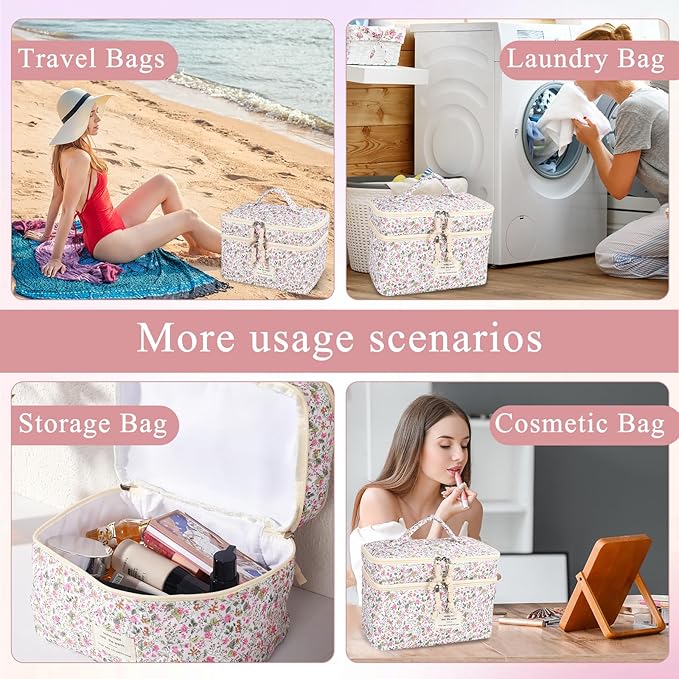 Anfly Makeup Bag, Quilted Cosmetic Bags, Large Floral Make Up Bag, Cute Makeup Bag 3PC Set for Women Girls (Little Flowers)