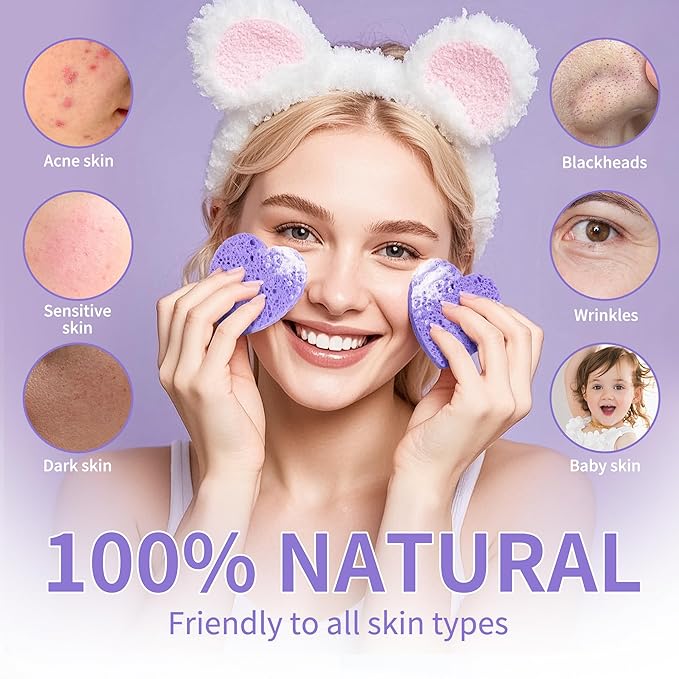 100-Count Compressed Facial Sponges, Heart Shape Face Sponge for Cleansing, Natural Cosmetic Spa Sponges for Facial Cleansing, Exfoliating Mask (Purple Heart Sponges)