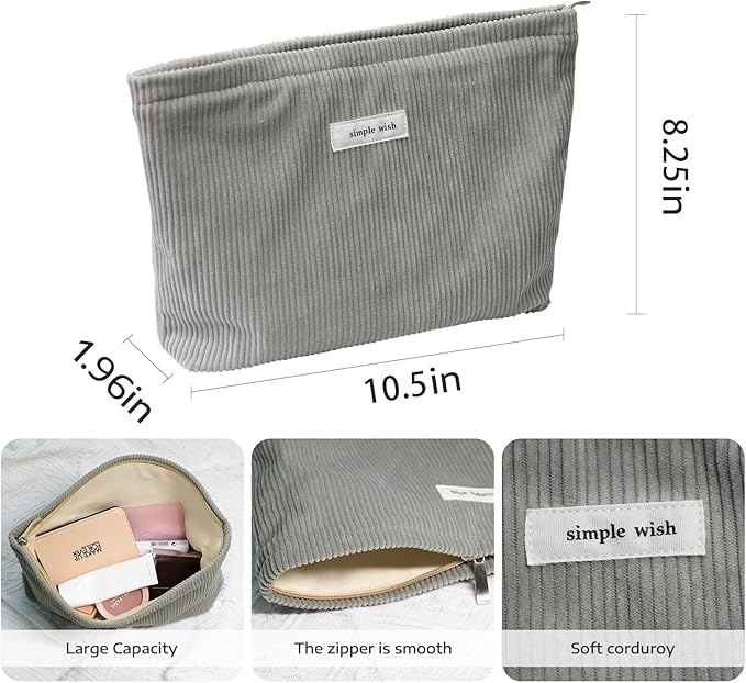 Wudygirl Cosmetic Bags for Women,Large Capacity Travel Makeup Bag,Cute Corduroy Makeup Bag Organizer Handbags Purses Zipper Pouch(Dark Gray)