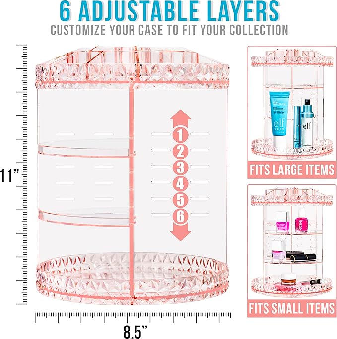 Sorbus 360 Rotating Makeup Organizer - Spinning Acrylic cosmetics organizer, Adjustable Shelves for Make Up, Perfume & Toiletries for Vanity, Bathroom, Bedroom, Closet [Pink]