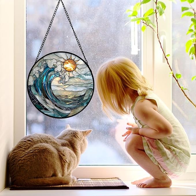 Stained Glass Window Hanging, Blue and White Waves Suncatcher Diamond Glass Panel Landscape Sun Catchers Decor for Birthday for Women, Men, Wife, Aunt, and Mom 11.8x11.8 in