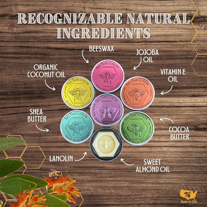 Honey House Naturals Bee Bar Gift Set – Small Bee Bar .6 ounces – All-Natural Ultra Moisturizing Lotion Bar Infused with Essential Oils and Butters – 5 Piece Set