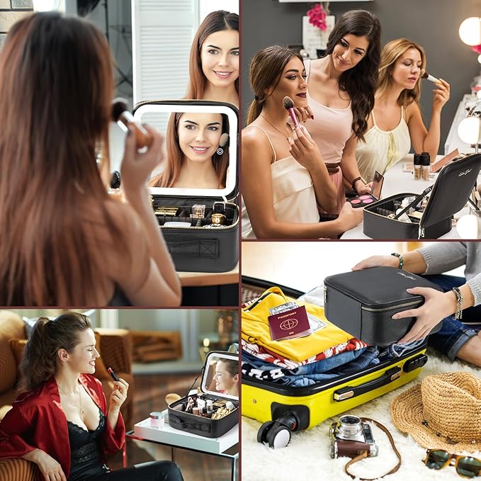 Makeup Travel Train Case with Mirror LED Light 3 Adjustable Brightness Large Cosmetic Bag Portable Storage Adjustable Partition Waterproof Makeup Brushes Make up Jewelry Gift for Women