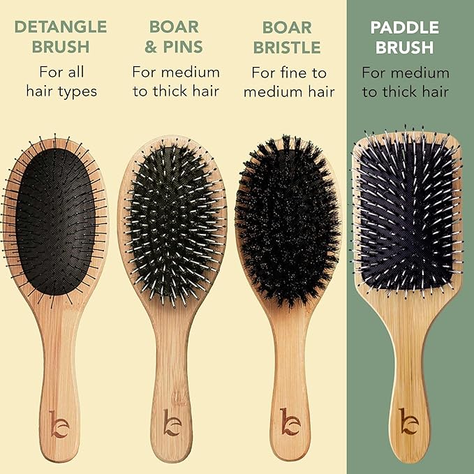 Boar Bristle Paddle Hair Brush - Smoothing Wood Brush for Thick, Curly & Wavy Hair, Detangling Natural Bristles for Women, Stimulates Scalp