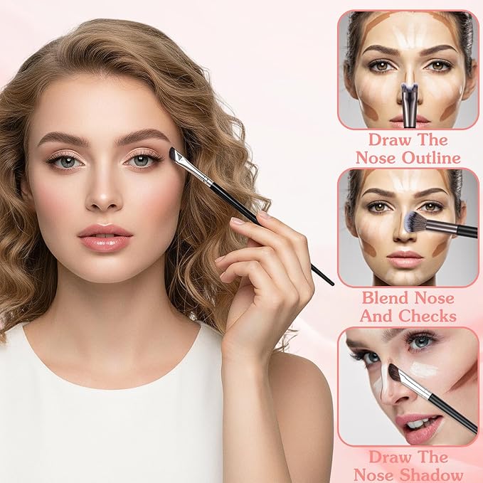 Grevosea 3 Pcs Contour Brushes for Makeup, 2 in 1 Dual-End Nose Contour Brush Angled Blush Brush for Cheeks Sculpting Highlighting Defining Eyeshadow Makeup Brushes