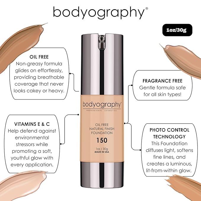 BODYOGRAPHY - NATURAL FINISH Foundation (Light #130): Oil-Free Anti-Aging Salon Natural Finish w/ Vitamin E, C, Antioxidants | Vegan, Gluten-Free, Paraben-Free