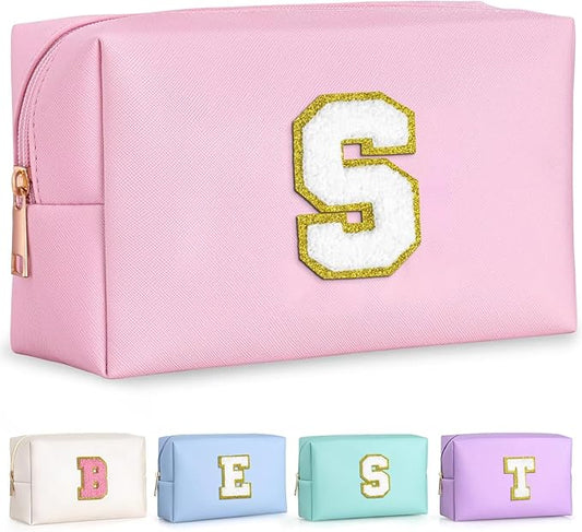 TOPEAST Initial Makeup Bag for Women, Travel Small Cosmetic Bag Cute Pink Personalized Preppy Makeup Pouch, Birthday Travel Gifts for Women (Pink S)