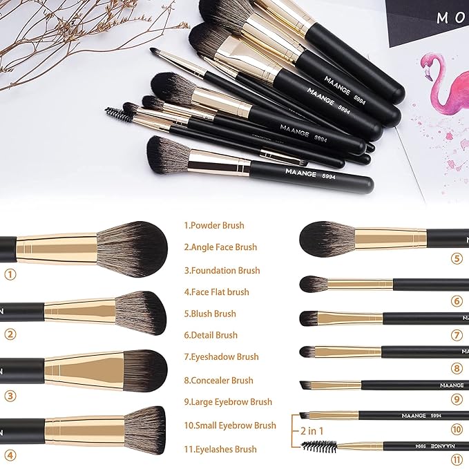 Makeup Brushes,MAANGE 10 PCs Travel Professional Makeup Brushes Set with Case,Foundation Kabuki Blush Eyeshadow Make Up Brush with Makeup Sponge and Brush Cleaner(Blackgold)