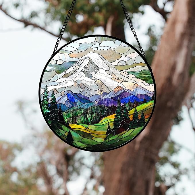 Stained Glass Window Hanging 4 Pcs Set Mountains Lake Green White Landscape Large 11.8" - Suncatcher Door Garden Sun Catcher Decor Birthday Christmas for Mom Woman Nana Men