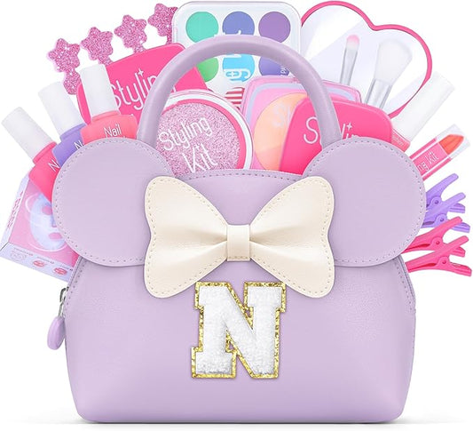 Kids Real Makeup Kit for Girls - 21Pcs Non-Toxic Make Up Toys with Initial Toddler Purse - Personalized Birthday Gifts for Age 5 6 7 8 9 10 Years Old Girls Vanity Set - Purple N