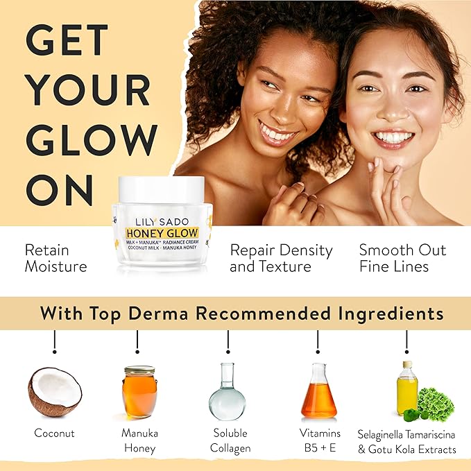LILY SADO HONEY GLOW Radiance Cream Face Moisturizer - Natural Daily Facial Lotion w Manuka Honey, Coconut, Apricot, Gotu Kola, and VITS B5 & E - Amazing Anti Aging Formula. 2 oz