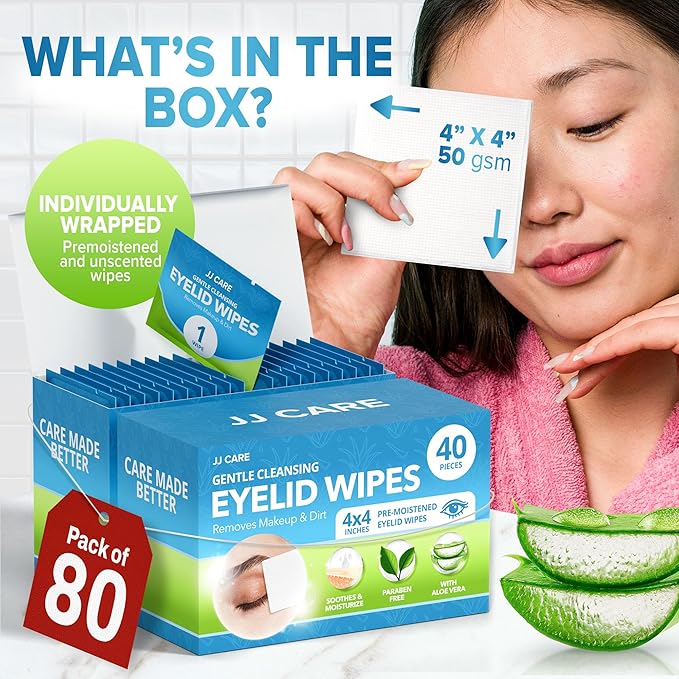 JJ CARE Eyelid Cleaning Wipes - Box of 80, 4"x4" Individually Wrapped Moisturizing Eye Lid Scrubbing Wipes for Irritated, Itchy, and Dry Eyes, Hypoallergenic Eye Scrub & Eyelashes cleaning Pads