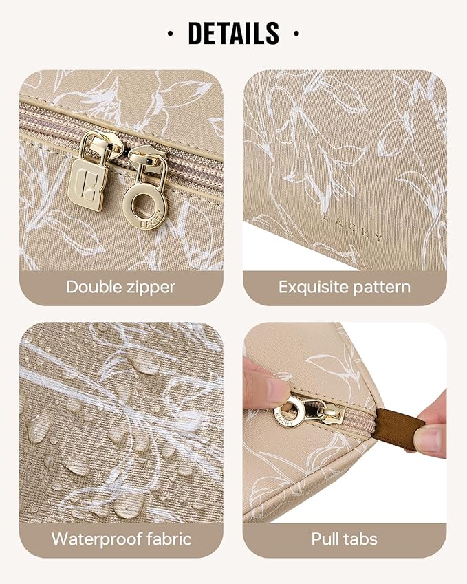 EACHY Travel Makeup Bag,Large Capacity Cosmetic Bags for Women,Waterproof Portable Pouch Open Flat Toiletry Bag Pattern Makeup Bag (F-Brown-Large)