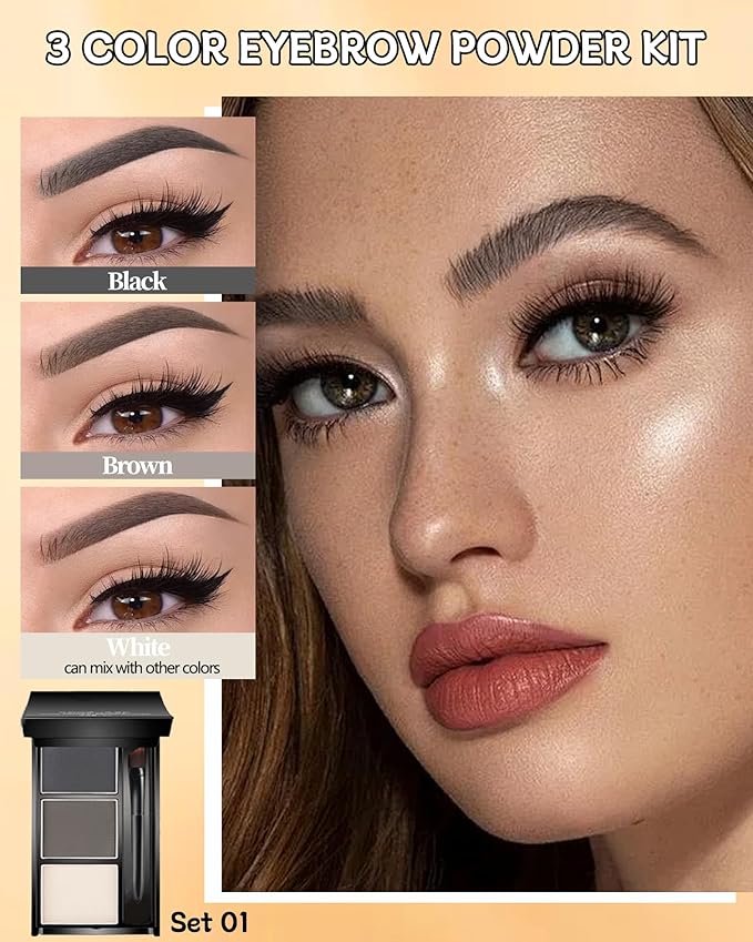 Eyebrow Powder Makeup Kit, 3 in 1 Eyebrow Kit, Brow Powder Palette Waterproof Long-Lasting, Black Brown White Brow Filler, Fill & Sculpt Full Eyebrow Kit for Women, With Mirror,Brush & Razor Set 01
