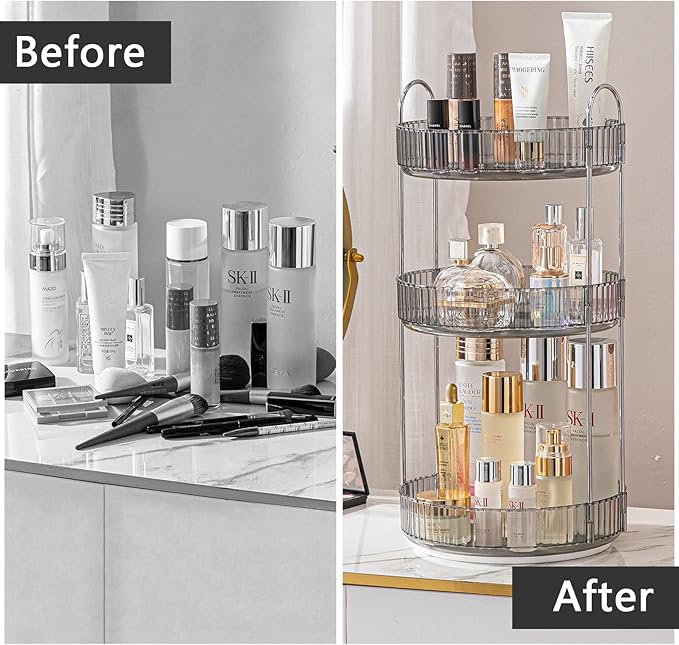 Rotating Makeup Organizer for Vanity, High-Capacity Skincare Clear Make Up Storage Perfume Organizers Cosmetic Dresser Organizer Countertop 360 Spinning (Gray, 3 Tier)
