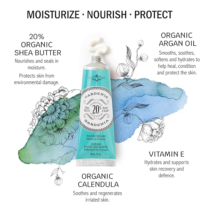 La Chatelaine Gardenia Triple Milled Bar Soap and 20% Shea Butter Hand Cream Gift Set, Gift for Mom, Decorative Tin, Plant-Based, Natural & Organic, Made in France (7 oz. soap bar, 1 oz. hand lotion)