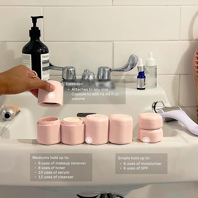 Cadence Travel Containers - Full Skincare Set - Magnetic Containers with Lids,Carry On Travel Essentials For Women/Men - 2 Small (0.56oz), 4 Medium Capsules (1.32oz), & Extender (1.43oz) - Petal