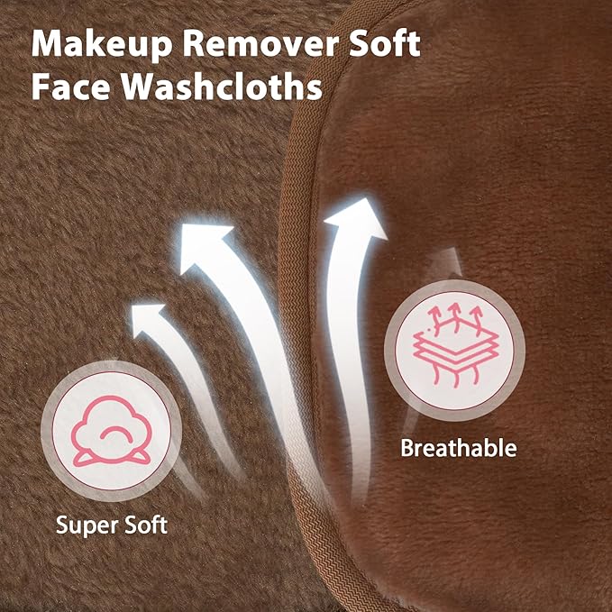 Makeup Remover Cloth, 6" x 6" Make Up Towels Reusable Face Cloth for Washing Face, Makeup Remover Pads Microfiber Face Washcloth with Mesh Bag, Just Water, 12 Pack, Brown