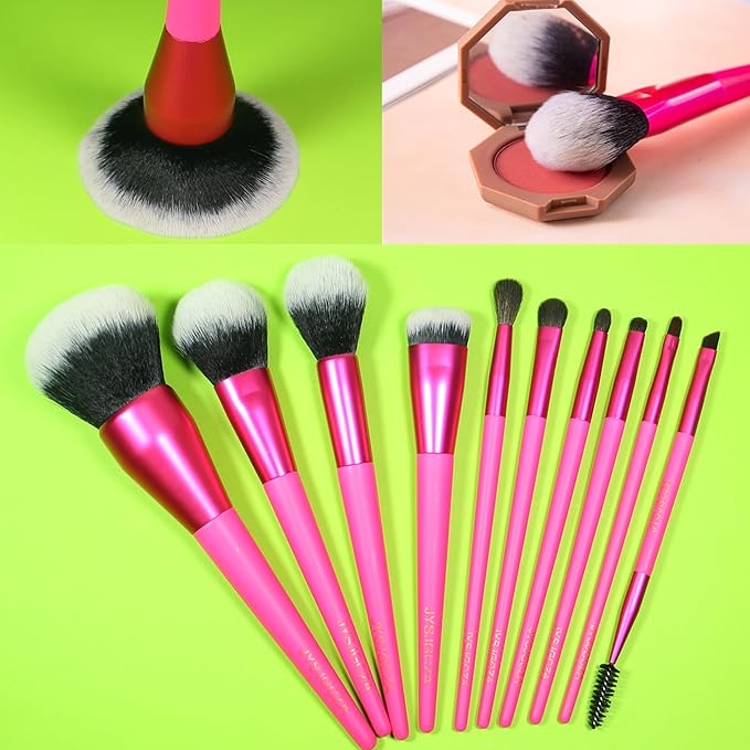 Professional Makeup Brush Set with Includes Brushes for Contouring, Highlighting, Eyeshadow, Foundation & More. 10 Pcs Makeup Brushes with Paired with makeup bag （Rose red color）
