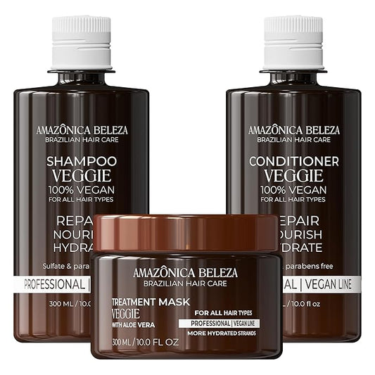 AMAZONICA BELEZA Vegan Veggie Refiner Kit, Nourishes, Moisturizes and Repairs, Sulfate, Parabens and Cruelty Free, Shampoo, Conditioner and Mask with Natural Ingredients for all Hair Types, 10 Oz