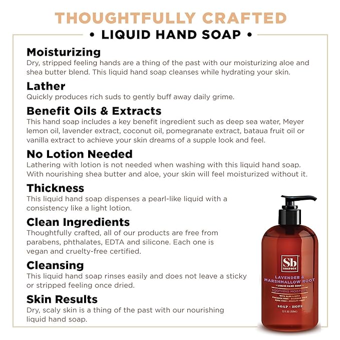 Soapbox Liquid Hand Soap, Lavender & Marshmallow Root - Gentle, Moisturizing Hand Cleanser, Vegan & Cruelty Free Hand Wash for Kitchen and Bathroom, 12oz Pump Bottles (Pack of 3)