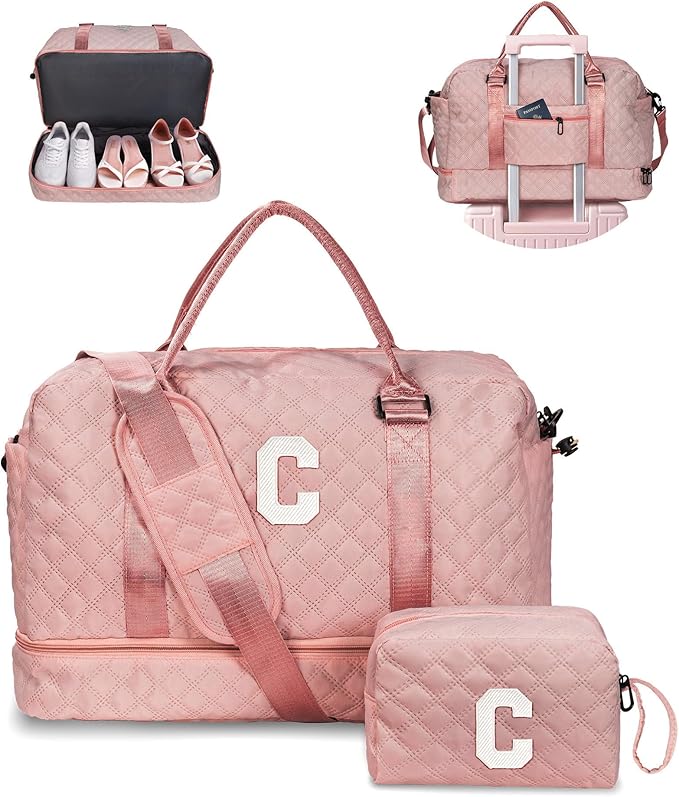 Birthday Gifts-for Women-Initial Duffle Bag with Shoe Compartment, Personalized Weekender Bag, Monogram Overnight Bag, Letter Travel Bag with Makeup Bag，Friend Wife Birthday Gift (Letter C)