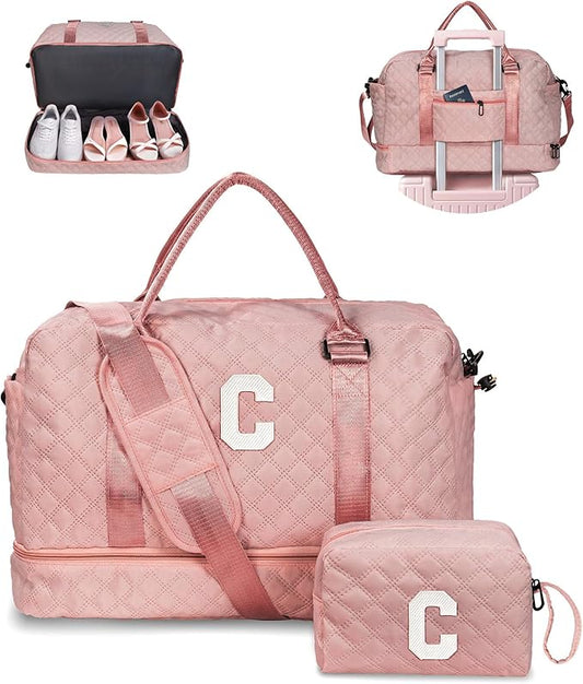 Birthday Gifts-for Women-Initial Duffle Bag with Shoe Compartment, Personalized Weekender Bag, Monogram Overnight Bag, Letter Travel Bag with Makeup Bag，Friend Wife Birthday Gift (Letter C)