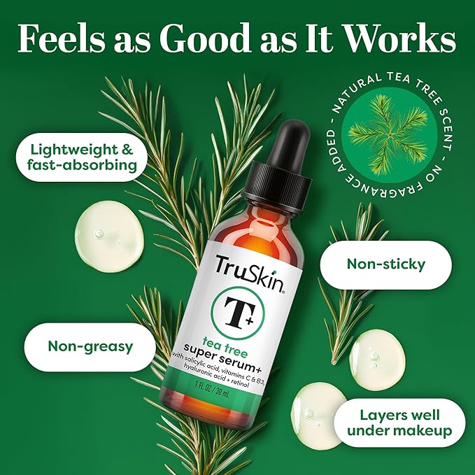 TruSkin Tea Tree Oil Acne Treatment for Face – Acne Serum – Improve the Appearance of Pores, Skin Tone for Smooth, Glowing Skin with Salicylic Acid, Vitamin C, Niacinamide & Retinol, 1 fl oz