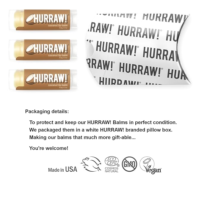 Hurraw! Coconut Lip Balm, 3 Pack: Organic, Certified Vegan, Cruelty and Gluten Free. Non-GMO, 100% Natural Ingredients. Bee, Shea, Soy and Palm Free. Made in USA