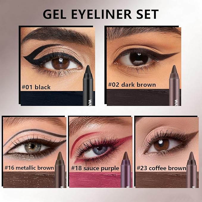 Noerrors 10pcs Brown Black Gel Eyeliner Set, Waterproof Smooth Easy to Color Creamy Eyeliner Pencil for Mature Eye, Long Wear High Pigmented Matte Plum Eye Makeup Pen for Older Women with Sharpener
