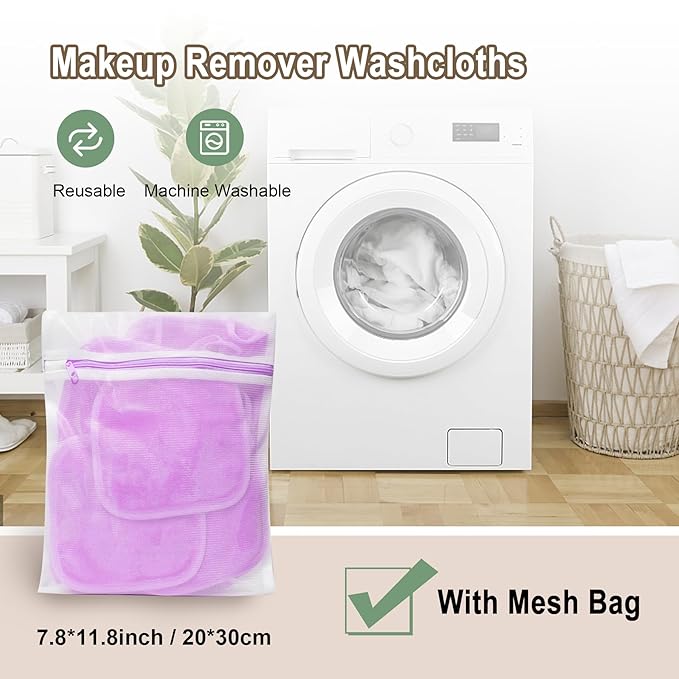 KODAMO Makeup Remover Cloth, Reusable Makeup Remover Pads Washable Travel Bag, Microfiber Makeup Removal Face Wash Cloths with Just Water, 12 Pack/Violet