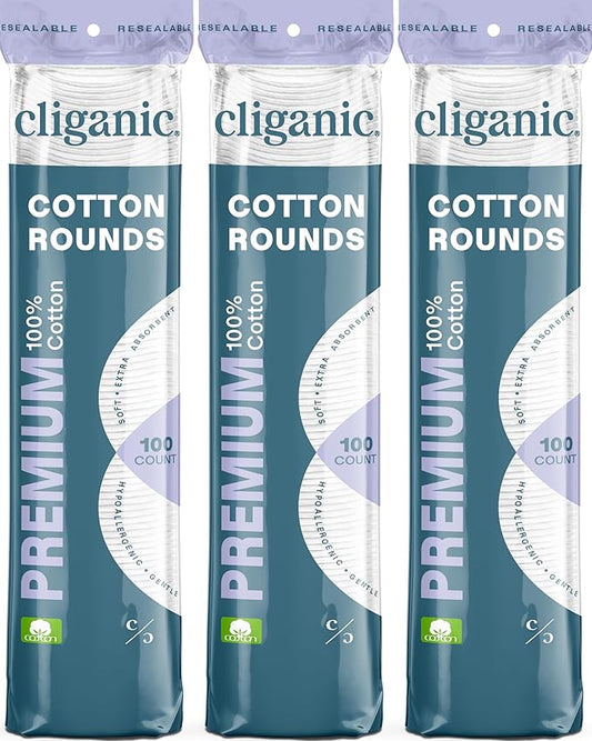 Cliganic Premium Cotton Rounds for Face (300 Count) - Makeup Remover Pads, Hypoallergenic, Lint-Free | 100% Pure Cotton (Packaging May Vary)