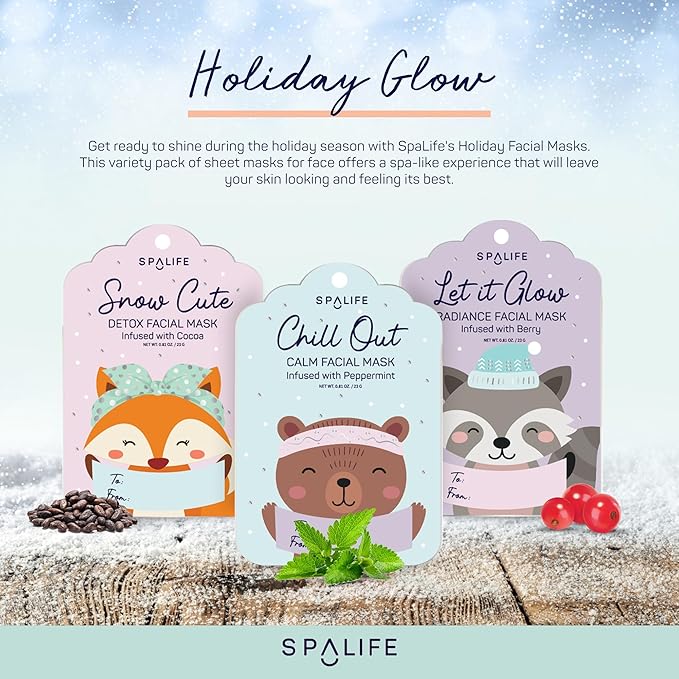 SpaLife Beauty Holiday Gift Tags Christmas Face Mask Bundle | Korean Facial Masks | Hydrating, Tone Evening, Refreshing Christmas Sheet Mask Set | Christmas Gifts for Women | 9 Pack