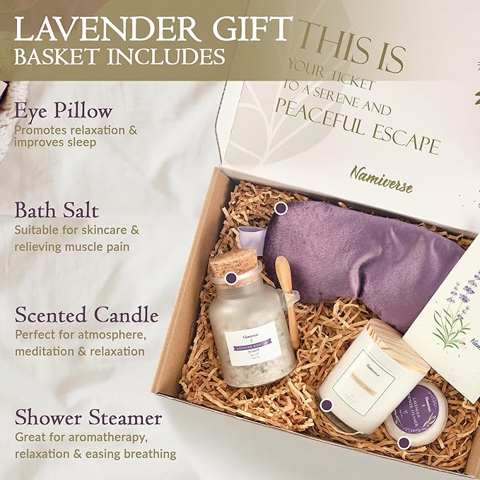 Lavender Bath Set for Women, Birthday Basket for Female, Mom, Sis, Girlfriend, and Best Friends, Spa Gifts Baskets for Women- Relaxation Present for female Friend