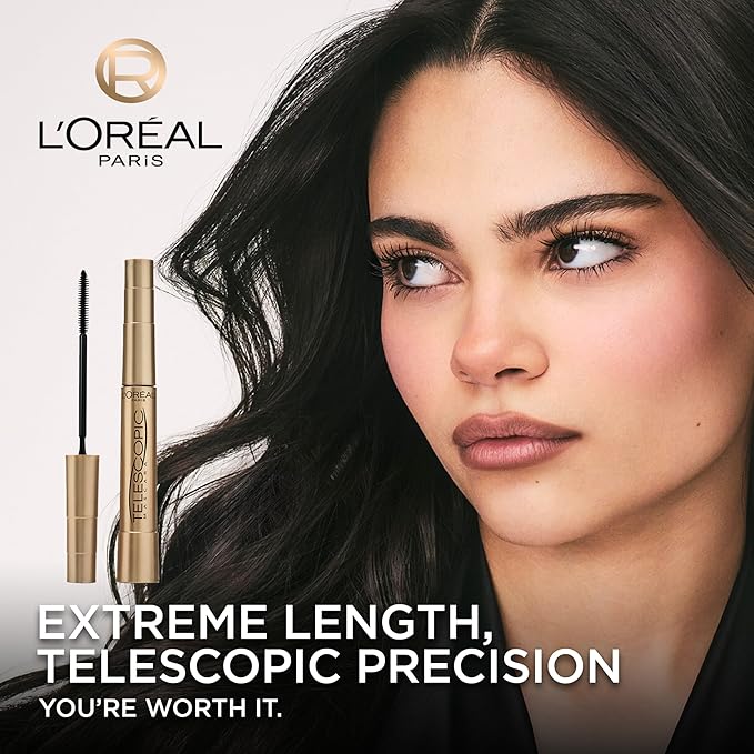 L'Oreal Paris Makeup Telescopic Original Lengthening, Lash Separating Mascara with Dual Precision Brush, Washable, Blackest Black, 0.27 Fl Oz., 1 Count
