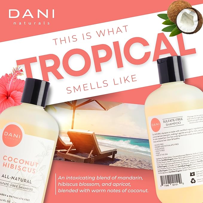 DANI Naturals Moisturizing Shampoo - Coconut Hibiscus - Sulfate-Free, Strengthens & Conditions Dry, Thin, Damaged Hair - Color-Safe, Organic Ingredients, 12 oz