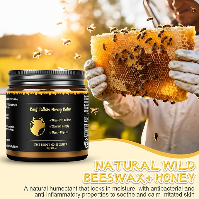 Beef Tallow for Skin, Tallow and Honey Balm for Face, Skin Care Cream Body Butter, Natural Formula, Nourish and Soothe Dry Skin, 120g/4.2oz