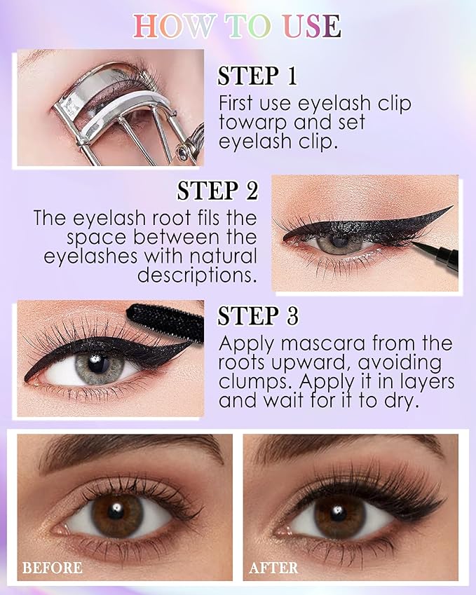 White Mascara Liquid Eyeliner Set, Update Longlasting Waterproof Color Eye Liner Pen, 5D Silk Fiber Colored Mascara Volume and Length, Christmas Party Stage Use Eye Makeup Gift Kit for Women Girl-03